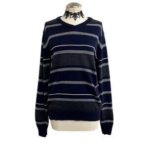 Y2K Grunge Blue and Gray Striped Emo Preppy V-Neck Boxy Knit Sweater Sz M